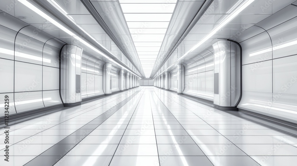 A long empty platform in a large subway station, futuristic design with glossy tiles and muted tones, stark and minimalist A long empty platform in a large subway station, futuristic design with glossy tiles and muted tones, stark and minimalist