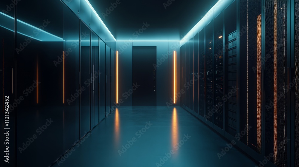 Fototapeta premium A minimalist server room with futuristic black server racks, the soft glow of status lights giving the room a serene, tech-driven ambiance, perfectly organized cables along the walls