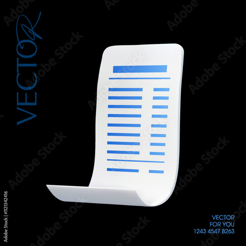 3d bill or receipt icon, isolated on dark background. Payment bill icon in 3d vector. Vector illustration