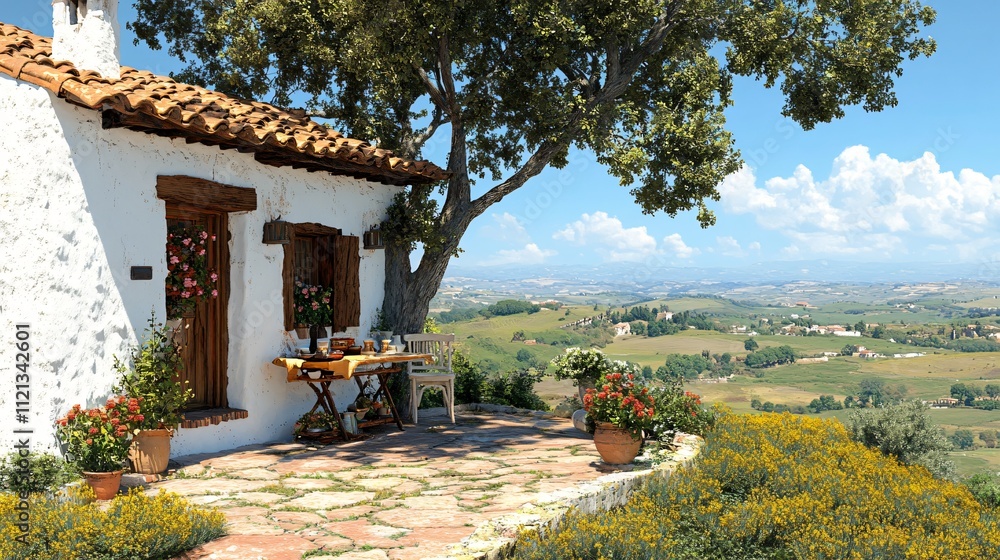 Obraz premium Rustic Cottage with Scenic View and Bright Sky