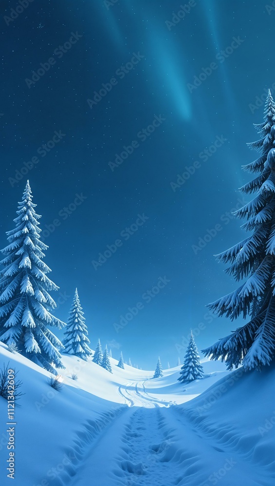 Obraz premium Winter forest on moonlit night, blue background