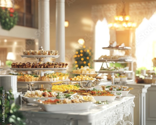 A lavish buffet spread featuring an array of colorful dishes and desserts, perfect for festive gatherings.