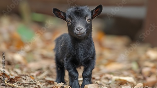 Adorable black baby goat kid standing in autumn leaves.