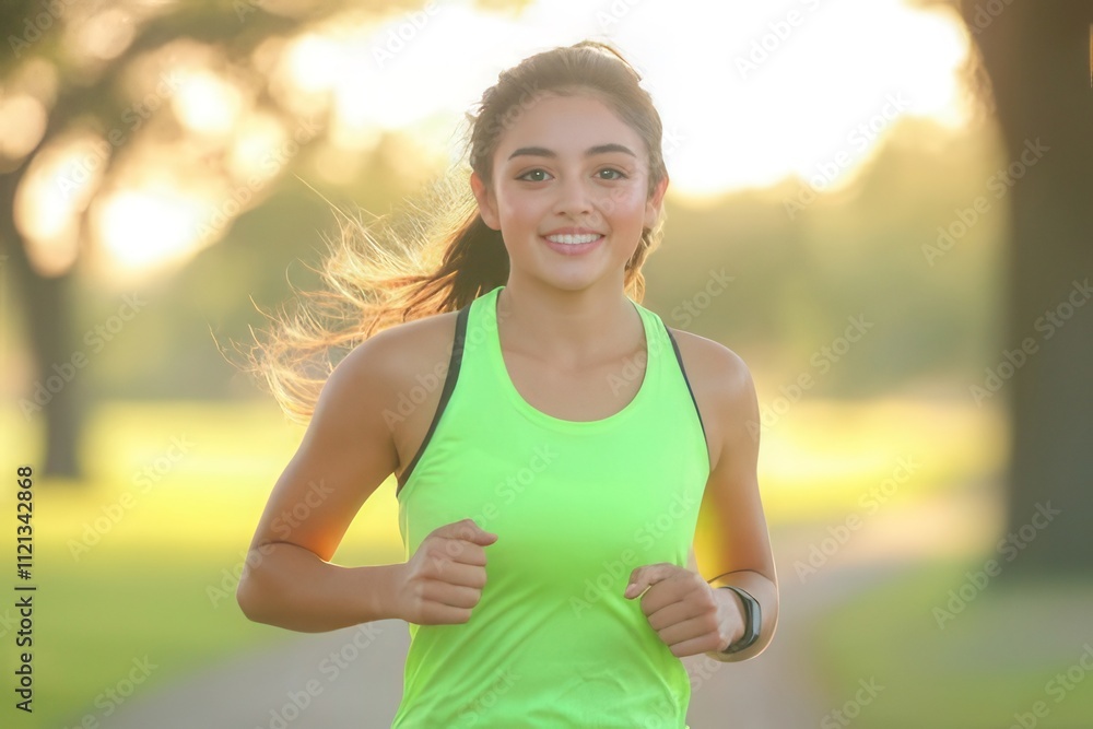 Young woman jogging in park at sunset. Young woman jogging in park at sunset.