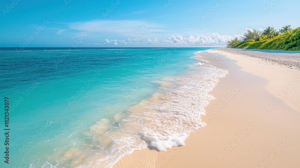 Fototapeta premium The breathtaking aerial image captures the tranquil turquoise waters meeting the powdery white sand of the beach, creating a harmonious blend of serenity and rejuvenation