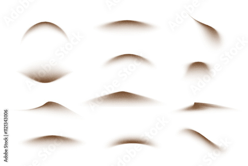 Sand powder splashes. Flying coffee or chocolate powder. Brown dust particles in motion isolated on transparent background. Abstract vector illustration set