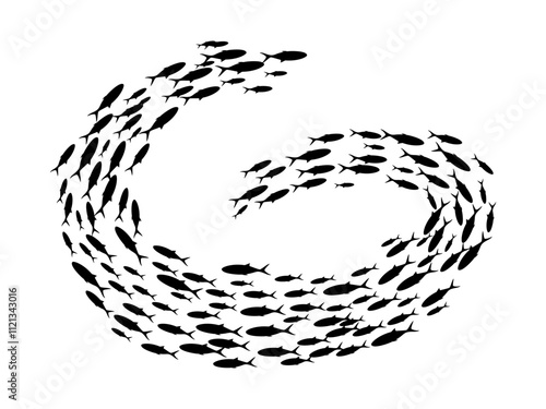 Fish group swimming. School of blackfish. Silhouette of group of sea fishes. Abstract vector illustration isolated on transparent.
