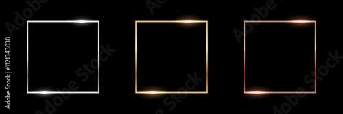 Gold, silver and bronze square frames. Metal thin photo or picture frames isolated on black background. 3d realistic empty template vector illustration set.