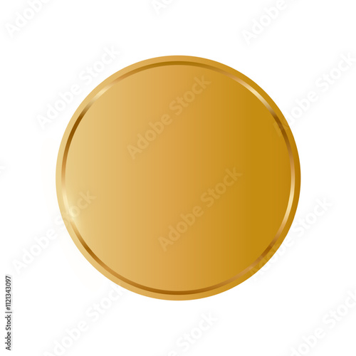 Gold round medal. Golden coin. First place award frame isolated on transparent background. Winners trophy. Blank shiny badge, label. Realistic vector illustration.