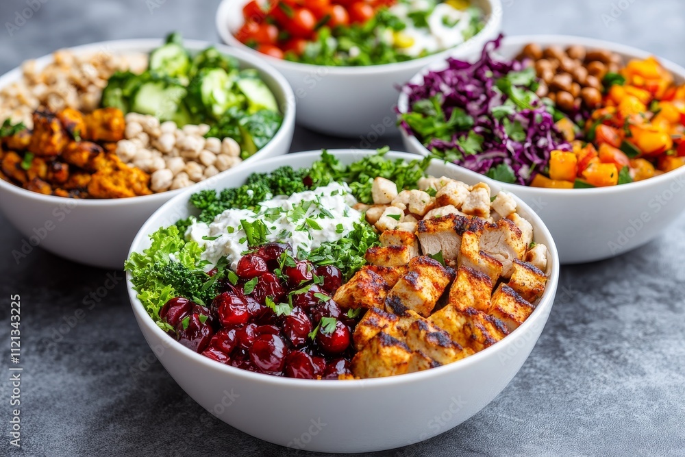 A vibrant arrangement of healthy salad bowls featuring grilled chicken, fresh vegetables, and colorful toppings. A vibrant arrangement of healthy salad bowls featuring grilled chicken, fresh vegetables, and colorful toppings.