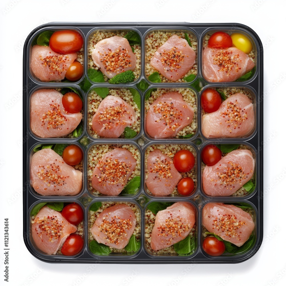 An arrangement of healthy meal prep featuring chicken, quinoa, spinach, and cherry tomatoes in a neat container. An arrangement of healthy meal prep featuring chicken, quinoa, spinach, and cherry tomatoes in a neat container.
