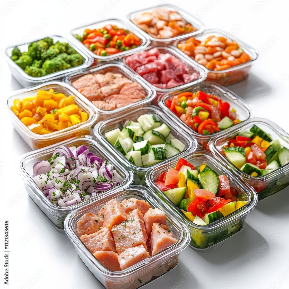 Colorful array of fresh food prep ingredients in glass containers, showcasing healthy meal prep options. Colorful array of fresh food prep ingredients in glass containers, showcasing healthy meal prep options.