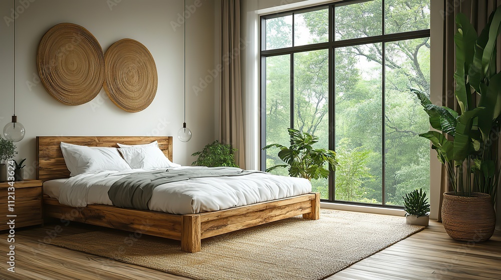 A modern bedroom with white walls, wooden floors, and a large window overlooking nature, featuring a wooden bed and minimal decor A modern bedroom with white walls, wooden floors, and a large window overlooking nature, featuring a wooden bed and minimal decor