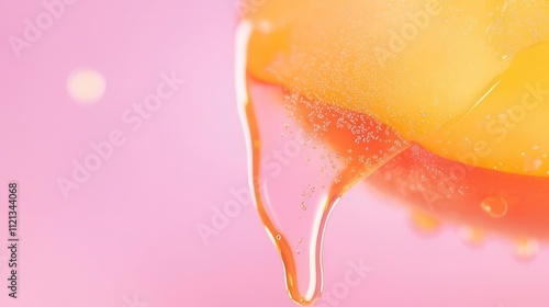 Close-up of honey dripping, showcasing its texture and golden color against a pink background.