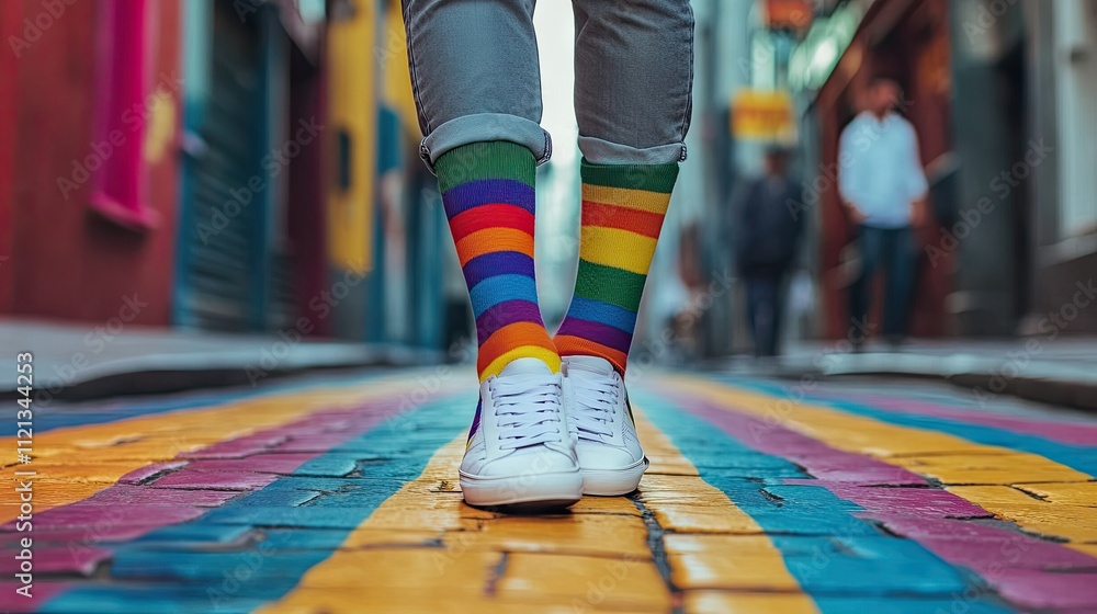 Fototapeta premium A man showcasing rainbow socks and sneakers while walking on a vibrant urban street