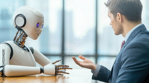 The job interview process was unlike anything the candidate had experienced before   a sleek, humanoid robot sat across from them in the modern office photo