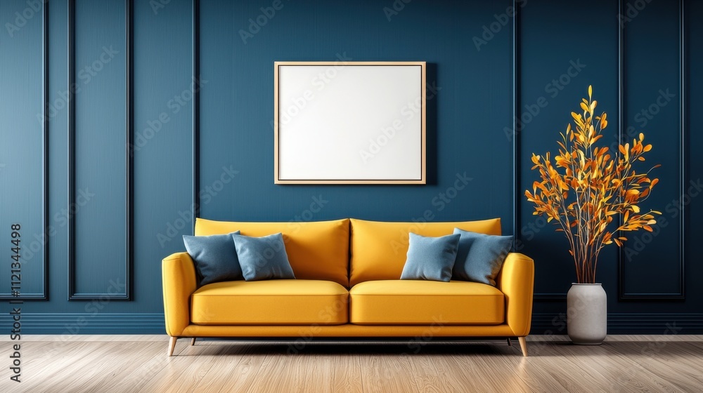 The accent lounge in the huge living room features a bold color scheme of blue and yellow hues. Against the dark blue wall hangs an empty canvas, adding a modern touch to the space The accent lounge in the huge living room features a bold color scheme of blue and yellow hues. Against the dark blue wall hangs an empty canvas, adding a modern touch to the space