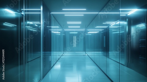 A modern server room with glass walls, the reflections of LED lights bouncing off every surface, creating a clean, futuristic environment with precise cable management