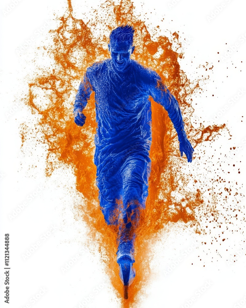 Fototapeta premium Dynamic male athlete in blue, running through a burst of orange energy, embodying speed and power.