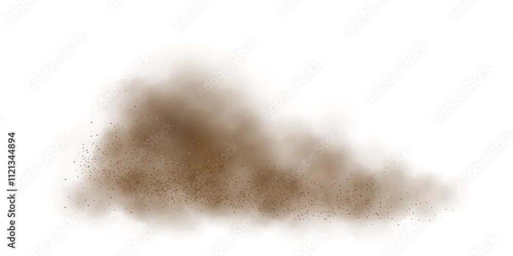 Dust of sand explosion with smoke cloud on transparent background. Desert sandstorm backdrop. Brown sandstorm splash with flying particles and wind effect. Abstract vector illustration Dust of sand explosion with smoke cloud on transparent background. Desert sandstorm backdrop. Brown sandstorm splash with flying particles and wind effect. Abstract vector illustration