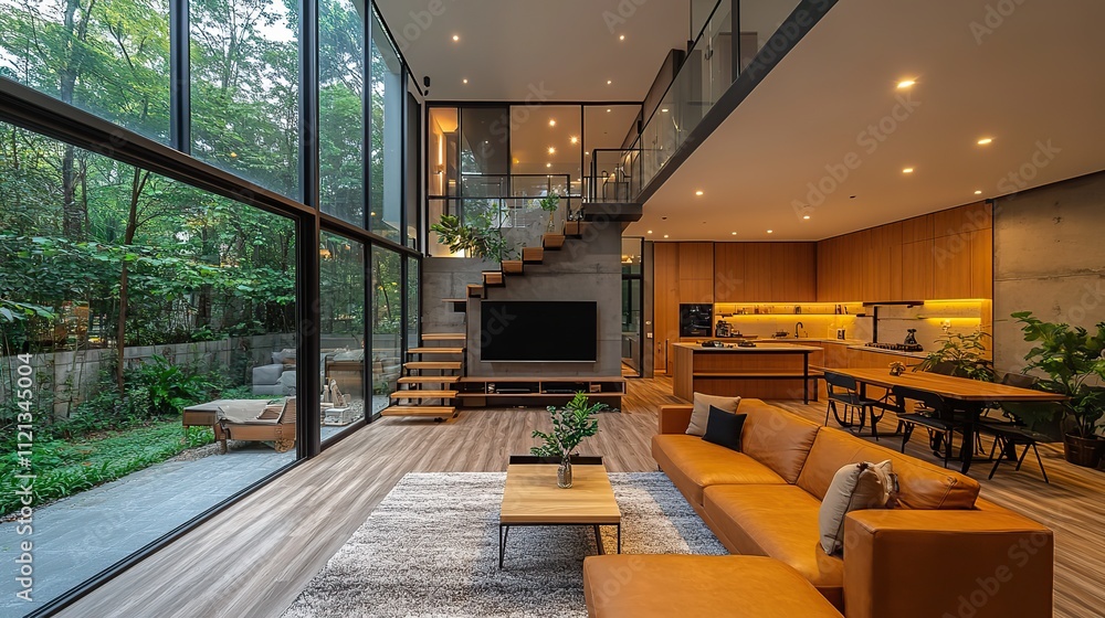 A modern living room features a large television for entertainment A modern living room features a large television for entertainment