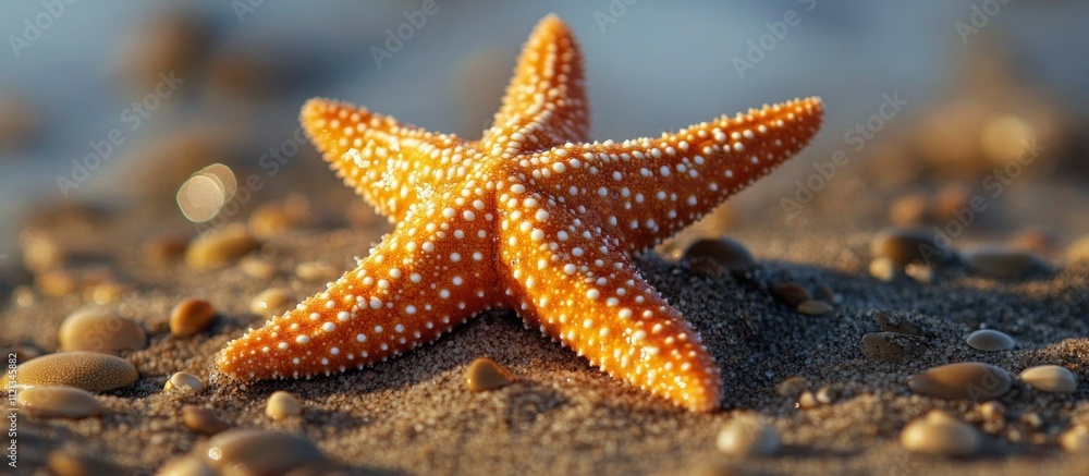 Closeup of an orange starfish with white spots on the sandy beach. Closeup of an orange starfish with white spots on the sandy beach.