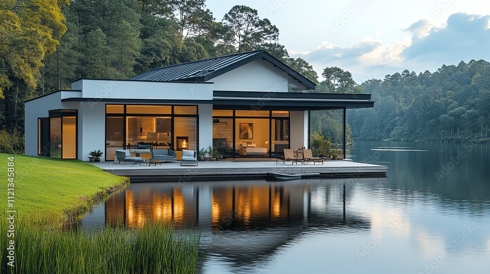 A modern white home with a porch offers stunning lake views, complete with a dock and boat A modern white home with a porch offers stunning lake views, complete with a dock and boat