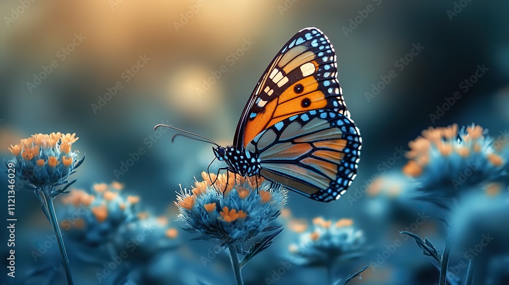 Obraz premium A monarch butterfly rests delicately on an overgrown flower, showcasing the beauty and fragility of nature