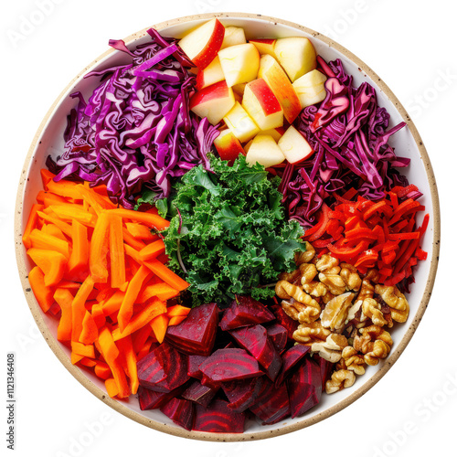 Photo of Detox Salad: Shredded kale, carrots, beets, red cabbage, walnuts, and apple slices, served with a ginger-turmeric dressing. photo