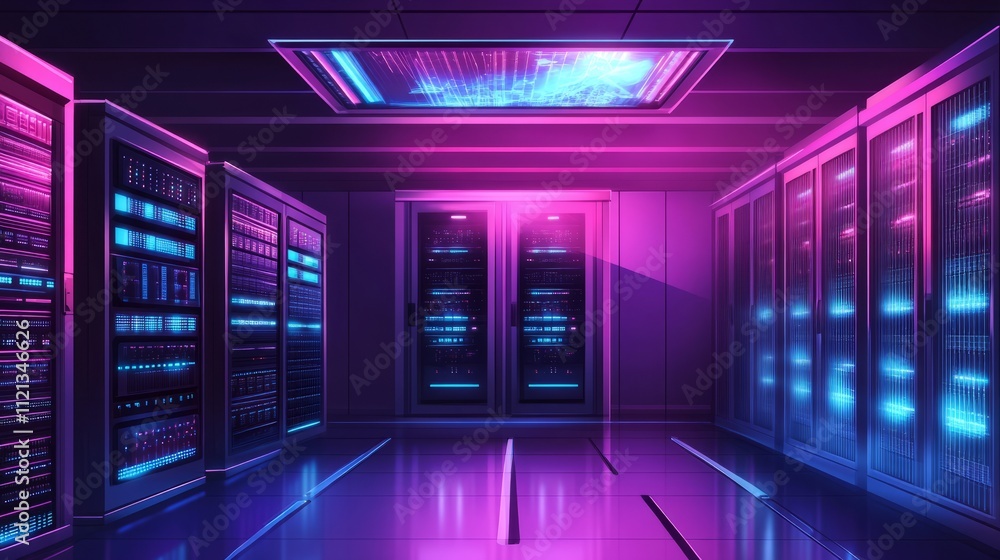 A futuristic server room with holographic displays floating above the racks, the servers glowing with neon lights, cables hidden behind sleek panels A futuristic server room with holographic displays floating above the racks, the servers glowing with neon lights, cables hidden behind sleek panels