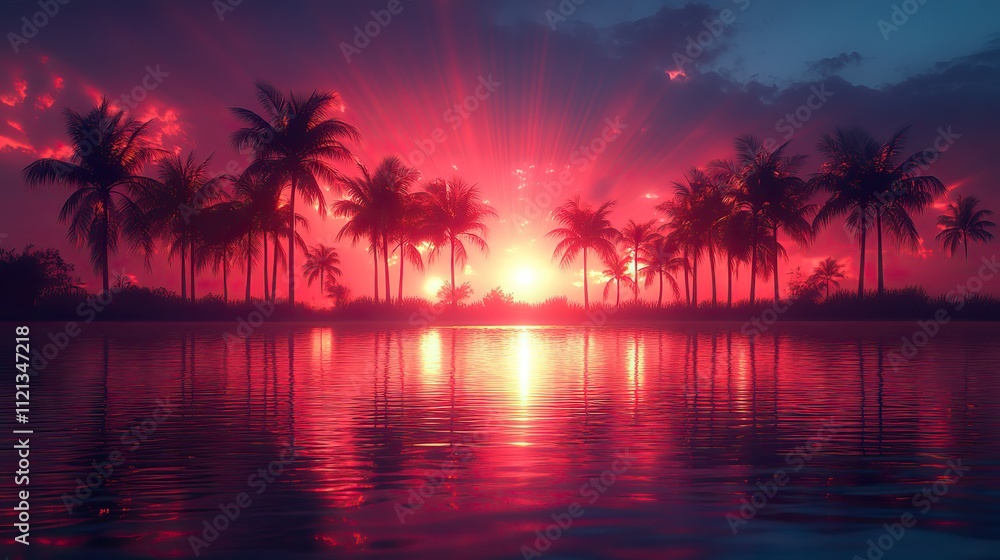 Obraz premium A neon scene with palm trees against a dark background, reflected in water with vibrant red and blue rays