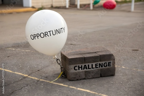 Opportunity balloon chained to challenge block. Struggle and limitation