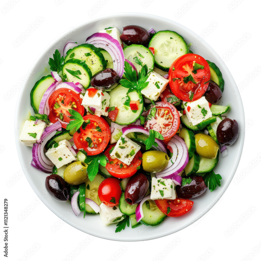 Photo of Greek Salad: Cucumbers, tomatoes, red onions, Kalamata olives, feta cheese, and a light oregano dressing. , Photo of Greek Salad: Cucumbers, tomatoes, red onions, Kalamata olives, feta cheese, and a light oregano dressing. ,