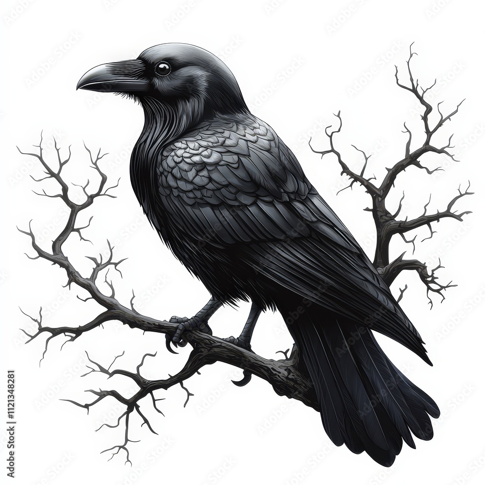 Fototapeta premium Raven perched on branch nature scene digital art mysterious environment close-up viewpoint