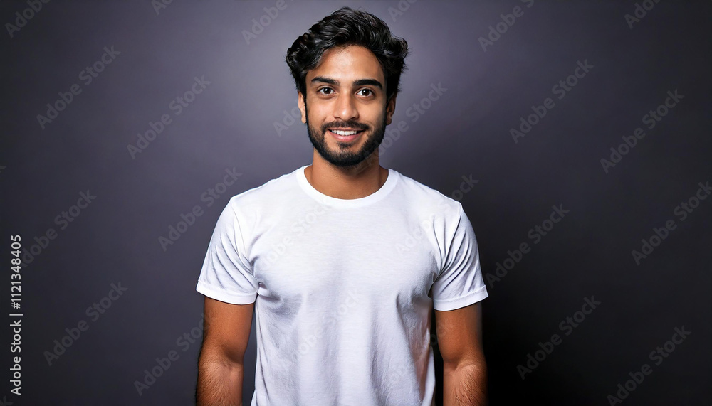 A front-facing mockup of an Indian male model in a plain white t-shirt, ideal for showcasing branding or logo designs. A front-facing mockup of an Indian male model in a plain white t-shirt, ideal for showcasing branding or logo designs.