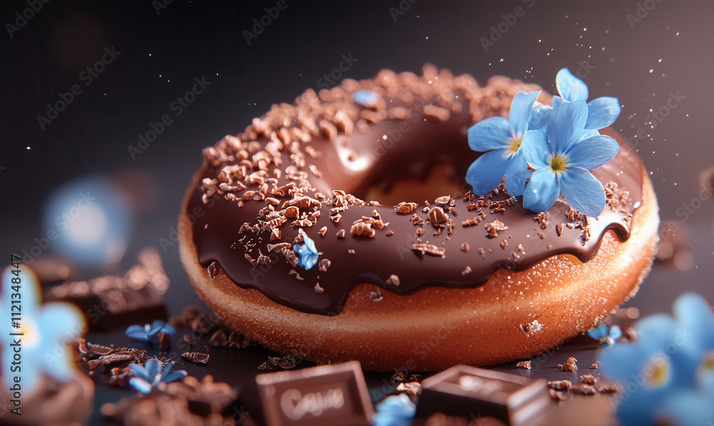 Chocolate Glazed Donut with Blue Floral Decor on Dark Background Chocolate Glazed Donut with Blue Floral Decor on Dark Background