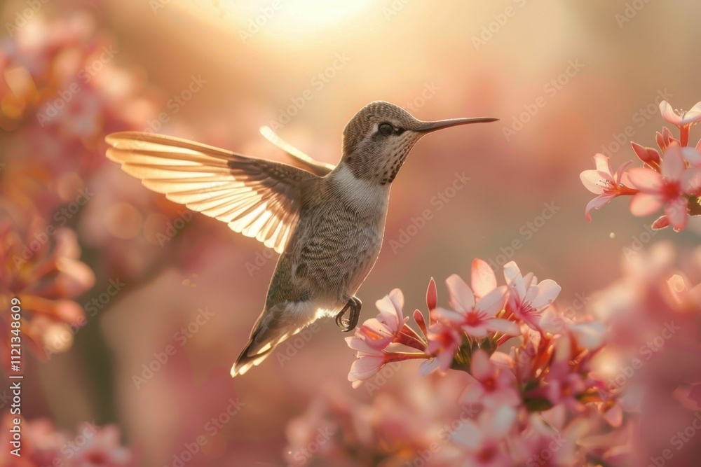 Fototapeta premium Hummingbird Hovering in Vibrant Tropical Garden