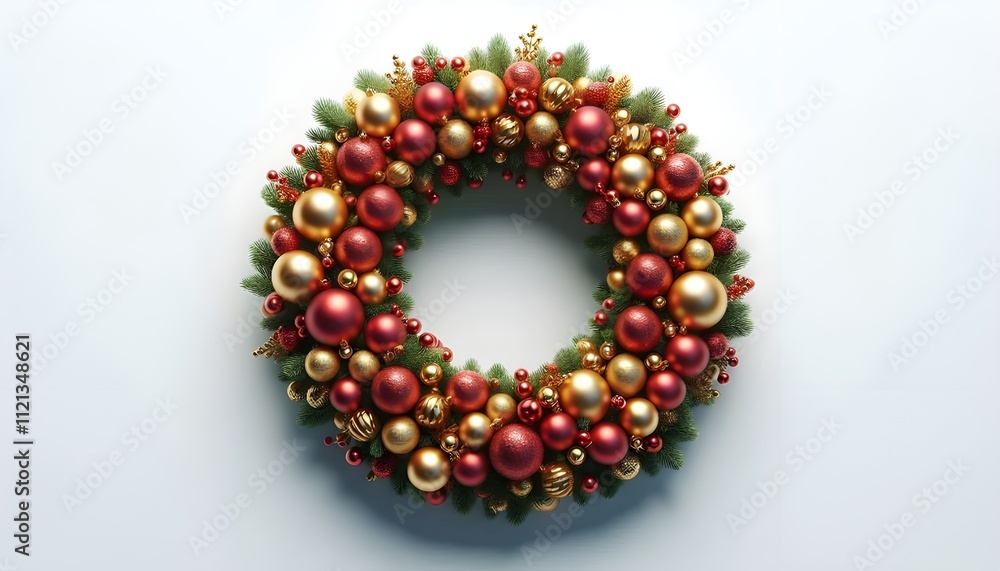Wreath of shiny red and gold Christmas baubles arranged in a circular shape, isolated on a white background. Concept of festive decoration. 3D Rendering Wreath of shiny red and gold Christmas baubles arranged in a circular shape, isolated on a white background. Concept of festive decoration. 3D Rendering