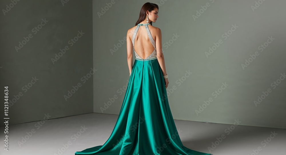 Fototapeta premium Long satin formal gown halter neck with deep V back and crystal detailing emerald green background 