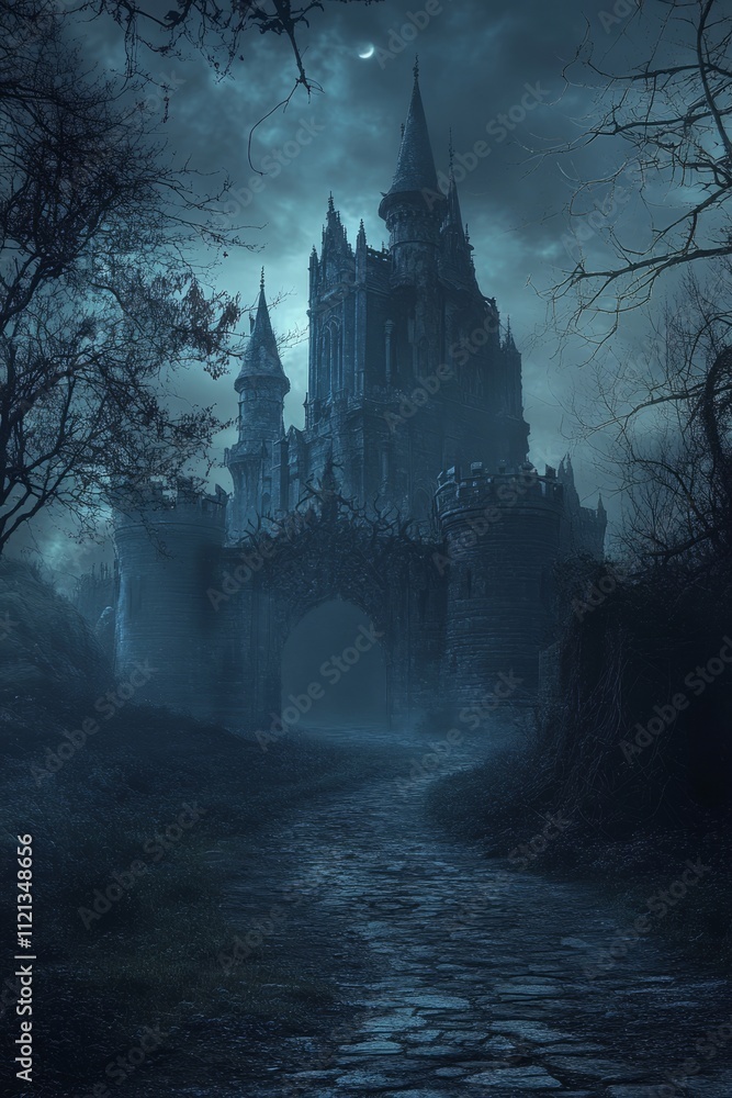A castle with a large archway and a moon in the sky A castle with a large archway and a moon in the sky