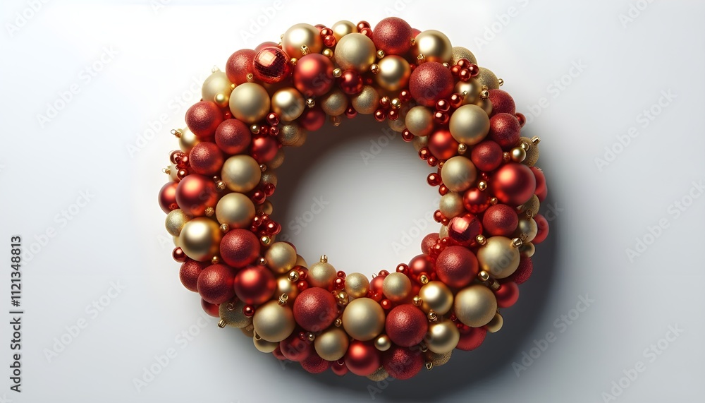 Wreath of shiny red and gold Christmas baubles arranged in a circular shape, isolated on a white background. Concept of festive decoration. 3D Rendering Wreath of shiny red and gold Christmas baubles arranged in a circular shape, isolated on a white background. Concept of festive decoration. 3D Rendering