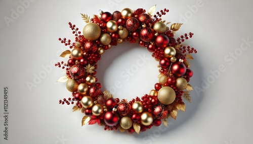 Wreath of shiny red and gold Christmas baubles arranged in a circular shape, isolated on a white background. Concept of festive decoration. 3D Rendering