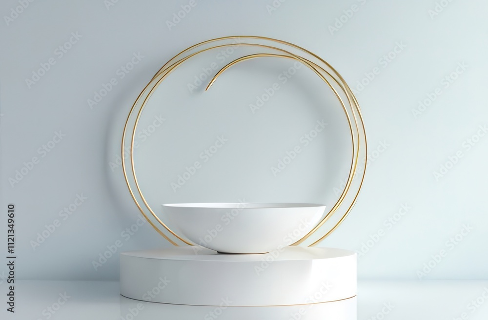 White bowl on pedestal with gold circular frame against light blue background. White bowl on pedestal with gold circular frame against light blue background.