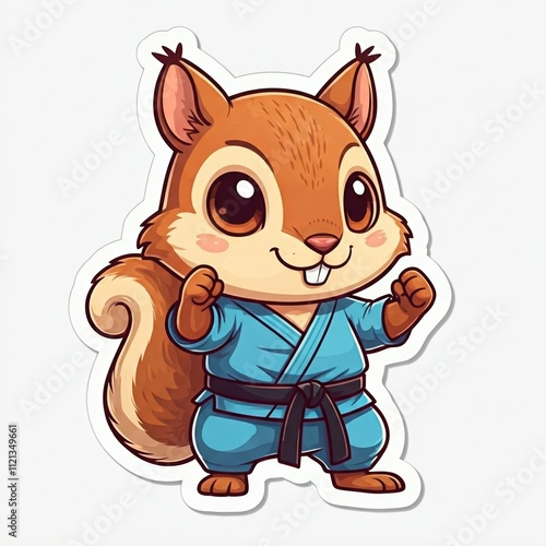 A chibi squirrel in a martial arts outfit, with fists up, thick outlines, sticker style, white background.
 photo