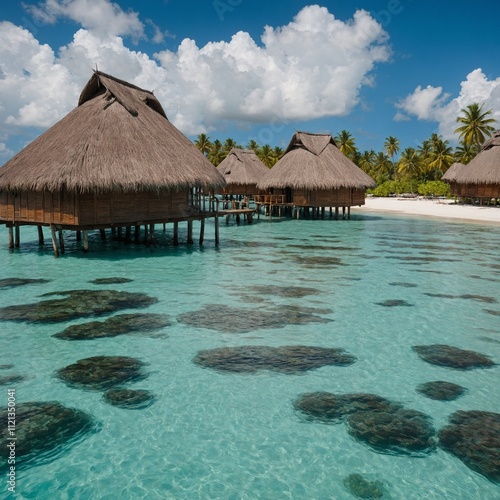 A tropical beach resort with thatched-roof huts and turquoise waters.