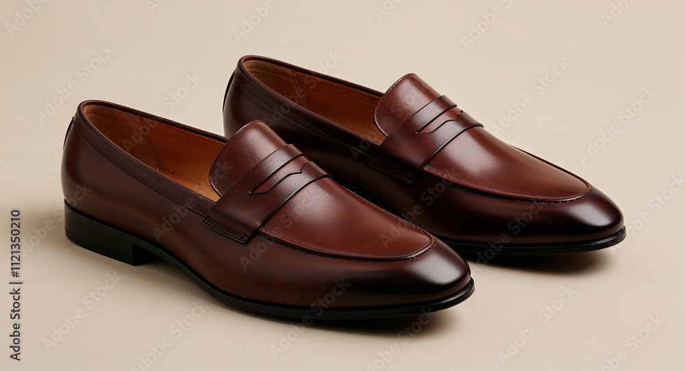 Mens brown leather loafers with a smooth finish and slip on style ivory background Mens brown leather loafers with a smooth finish and slip on style ivory background