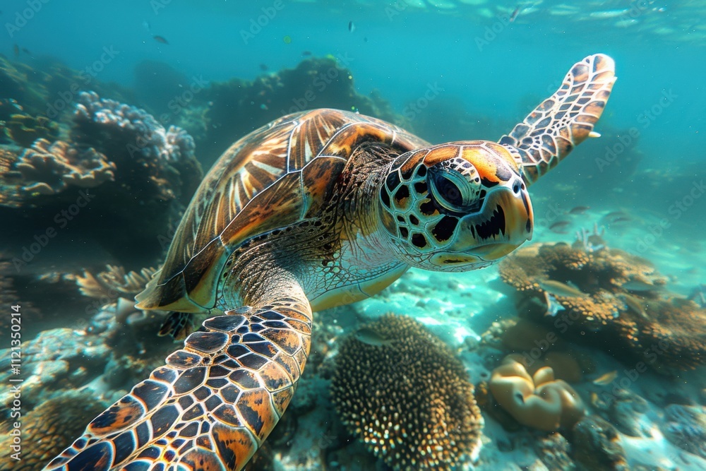 Fototapeta premium Serene Turtle Swimming Gracefully in Ocean Waters