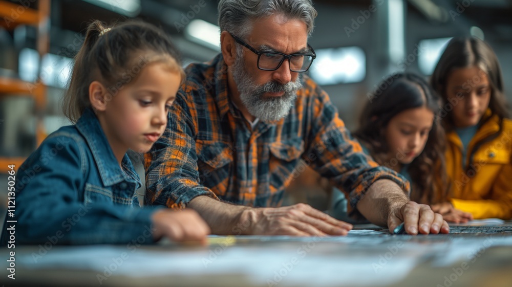 A teacher guides children in a focused workshop setting, deep in concentration on a collaborative educational project. A teacher guides children in a focused workshop setting, deep in concentration on a collaborative educational project.