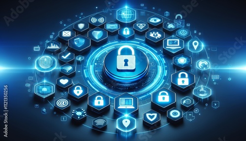 A mesmerizing digital rendering of a globe surrounded by a constellation of security icons, symbolizing the interconnectedness of global cybersecurity.