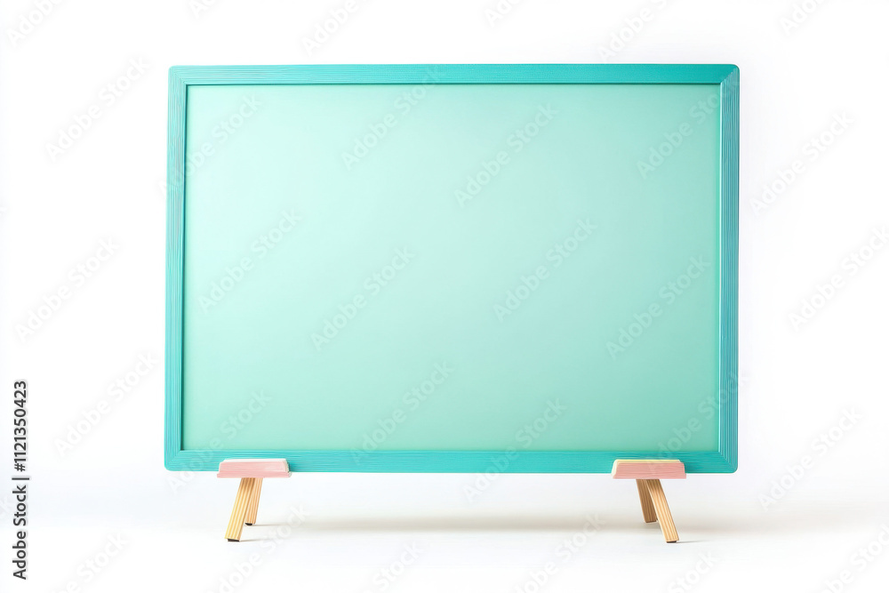 A brightly colored, turquoise chalkboard with wooden legs stands against a white background, offering a cheerful and creative space for ideas and learning. A brightly colored, turquoise chalkboard with wooden legs stands against a white background, offering a cheerful and creative space for ideas and learning.